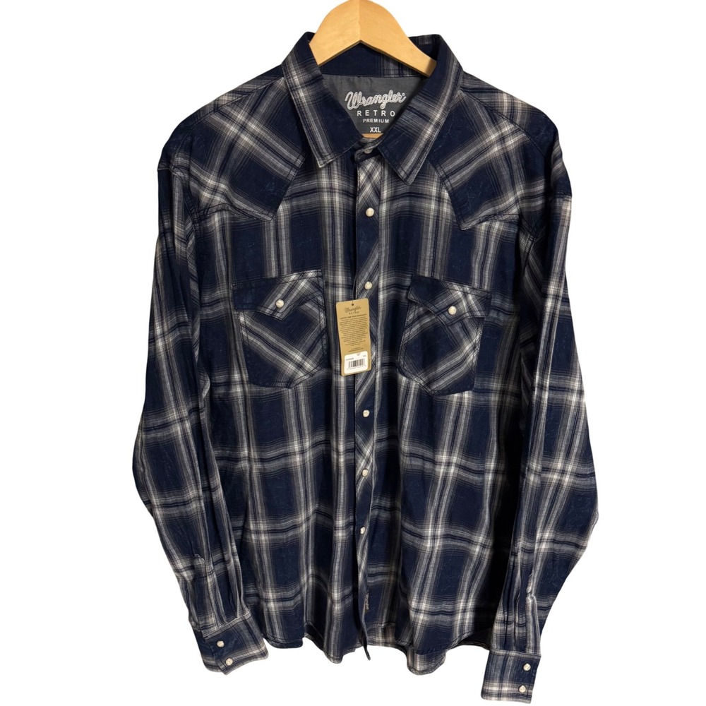 Wrangler Retro Premium Plaid Western Shirt XXL Mens Blue Gray Button Up‎
